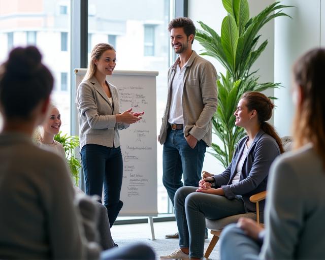 An engaged team participating in a wellness workshop in a modern office.