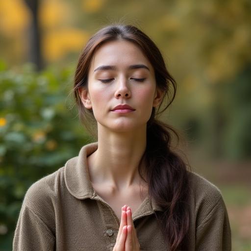 A calm, focused person meditating outdoors.
