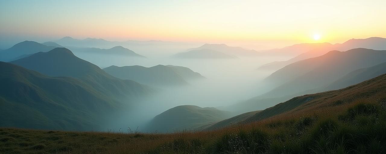 A stunning, misty view of the Wicklow Mountains at dawn.