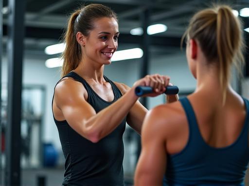 A fitness coach guiding a client through an exercise.