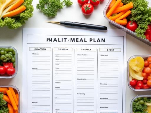 A weekly meal plan chart next to beautifully prepared healthy meals.