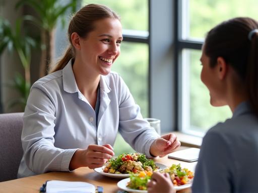 A nutritionist discussing a colourful plate of food with a client.