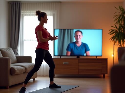 A person participating in an energetic online fitness class from their living room.